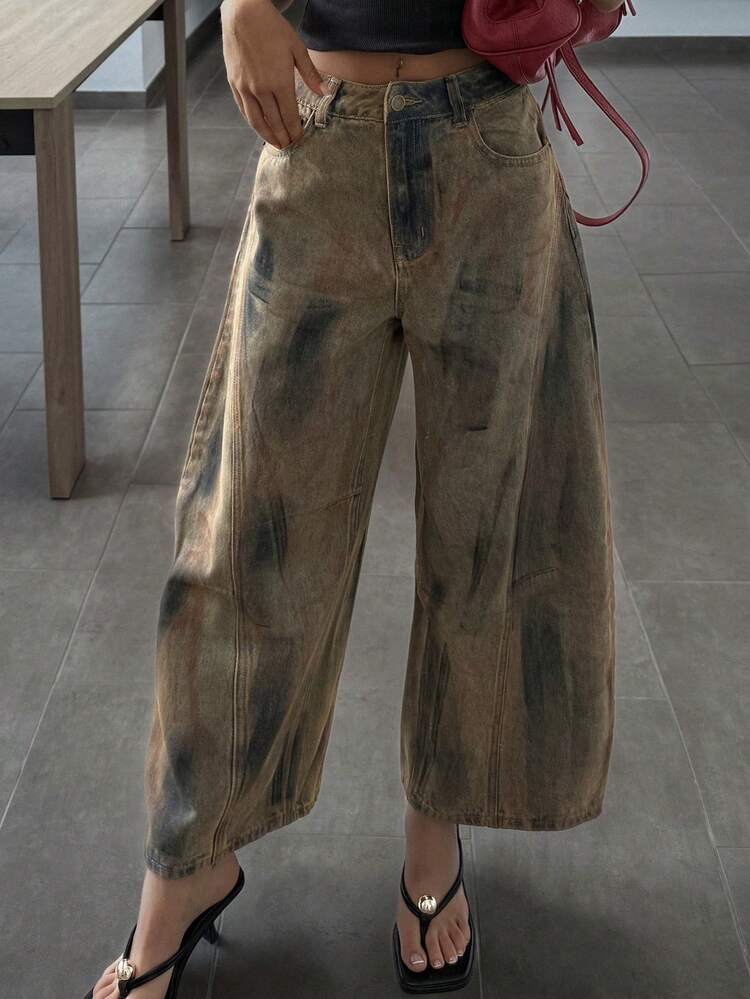 DAZY Quần jeans nữ dáng rộng, in họa tiết, túi xéo, kiểu dáng thường ngày. - Xám - Xem 4