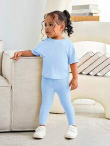 SHEIN Set 2 Potong Baju dan Celana Rajut Longgar Warna Polos untuk Bayi Perempuan - Dusty Blue - View 7