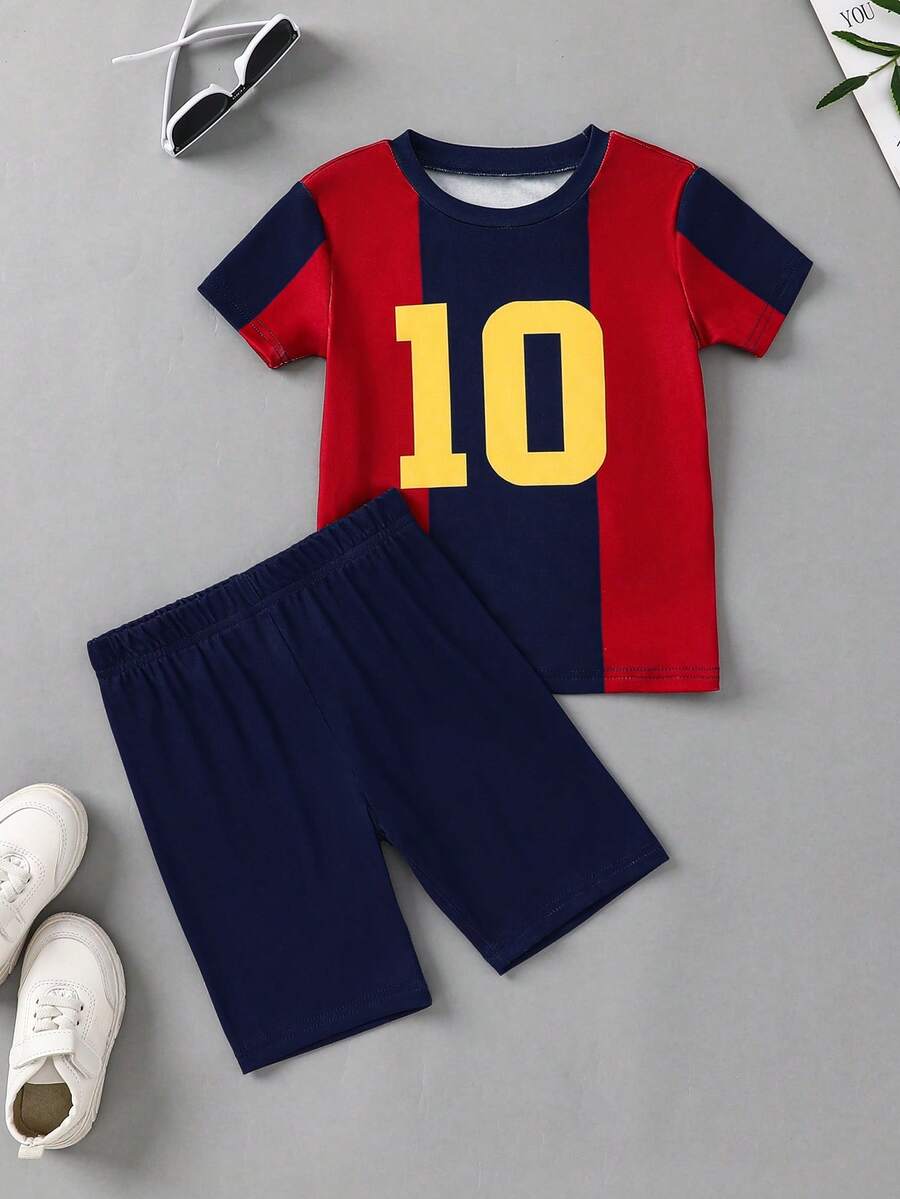 SHEIN Bubblio 2pcs/Set Kids Boy Sports Style Red & Blue Striped Jersey, Barcelona Team Logo Print Round Neck Short Sleeve Shorts, Casual Comfortable Pajamas