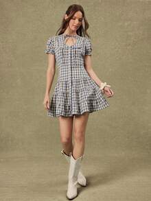 WESTFADE Vestido corto de mujer con mangas abullonadas, volantes, botones y cintura baja con volantes en estampado de cuadros - Azul y blanco - Ver 3