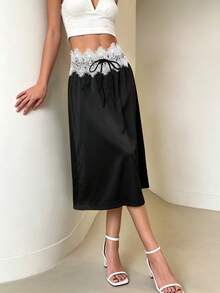 Modelyn New Summer Black Satin Ruffle Hem Mini Skirt Slimming Fashionable Elegant French Women's Skirt Bar Party - Black - View 7