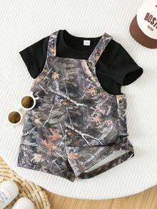 SHEIN Bubblio Unisex Baby 2pcs/Set Casual Fashion Black Short Sleeve T-Shirt And Camouflage Bib Shorts Overalls Set, Spring/Summer Baby Boy Clothes, Outfit Set, Streetwear Camo Baby Outfits Boy Outfit Sets Summer Black Toddler Boy Outfit Set - Black - View 6
