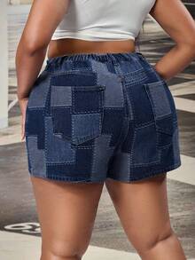 Slaydiva Pantalones cortos de mujer talla grande de mezclilla con estampado jacquard, sexy y elegante para verano, festival y vacaciones - Azul lavado oscuro - Ver 2