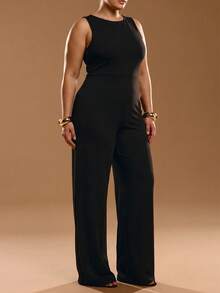 SHEIN Tall CURVE Bộ áo liền quần không tay cổ tròn màu trơn dành cho nữ cỡ lớn, kiểu dáng thường ngày. - màu đen - Xem 10
