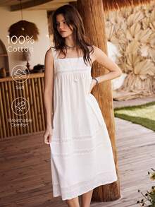 Lullawish Gaun Tidur Longgar Katun Patchwork Renda Nyaman Gaya Bohemian untuk Wanita - Putih - View 5