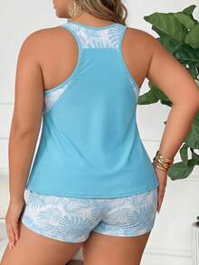 SHEIN CURVE+ Plus Size Women's Random Print Camisole And Shorts 2 Pieces Set, Suitable For Summer Beach Vacation Vacation Light Blue Blue And White - Blue - View 2