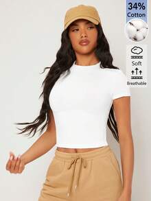 SHEIN BASICS Women's Solid Color Casual Round Neck Short Sleeve Cropped T-Shirt Tops For Women White Tops - White - View 10