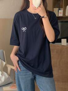 DAZY 女款蝴蝶結刺繡寬鬆短袖圓領T恤 夏季 - 藏蓝色 - 查看 3