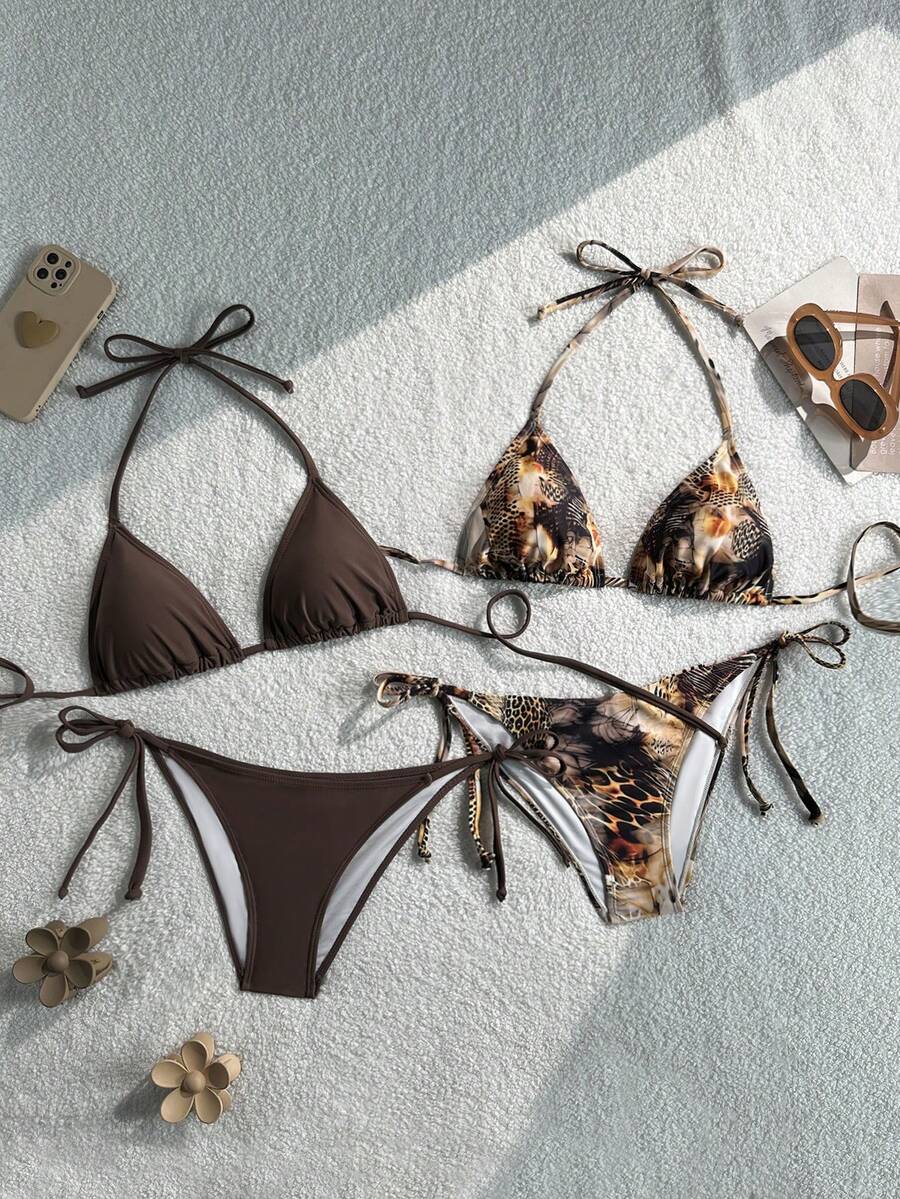 Swim Basics 4件組女款夏季海灘掛脖綁帶性感比基尼與三角泳褲泳裝套裝 2026新款女裝泳衣 適合學校、度假、約會、下午茶、西式風、郵輪、海灘、島嶼、公路旅行、四季、音樂節、波西米亞度假、波西米亞風、慵懶秋季、西式波西米亞、優雅女款上衣 - 彩色 - 查看 1