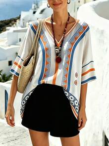 EMERY ROSE 大码休闲波西米亚风度假条纹印花V领宽松短袖罩衫，女士沙滩罩衫，夏季 - 彩色 - 查看 4
