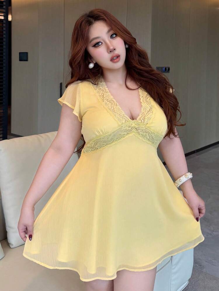 Dazy Plus Plus Size Yellow V-Neck Lace Patchwork Chiffon A-Line Mini Dress, Sexy & Elegant For Dates, Spring/Summer