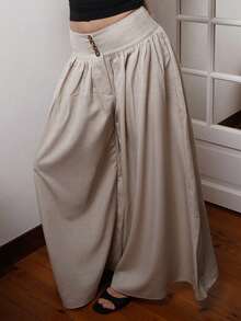 Cassandra Jullia Nuovi pantaloni larghi casual ed eleganti da donna con design floreale e fibbia, pantaloni lunghi in lino di colore cachi, adatti per il Ringraziamento, Ognissanti, primavera/estate - Albicocca - Visualizzare 5