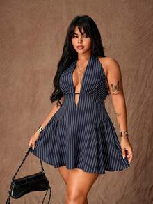 Rustia Gaun Mini A-Line Seksi Bermotif Polkadot Model Halter Tie untuk Wanita Ukuran Plus - Navy Blue - View 1