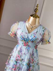 Auvina Nuevo vestido corto de manga corta con tul y estampado floral, adecuado para fiesta de cumpleaños, té de la tarde, cita de San Valentín, boda, fiesta de noche - Celeste - Ver 5