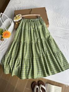 Comfortcana Plus Size Green Plaid A-Line Skirt, Suitable For Spring/Summer Vacation - Green - View 10