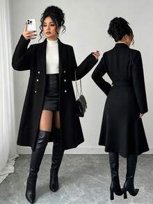 Elenzga Plus Size Women's Solid Color Double-Breasted Long Sleeve Elegant Overcoat - Black - View 1