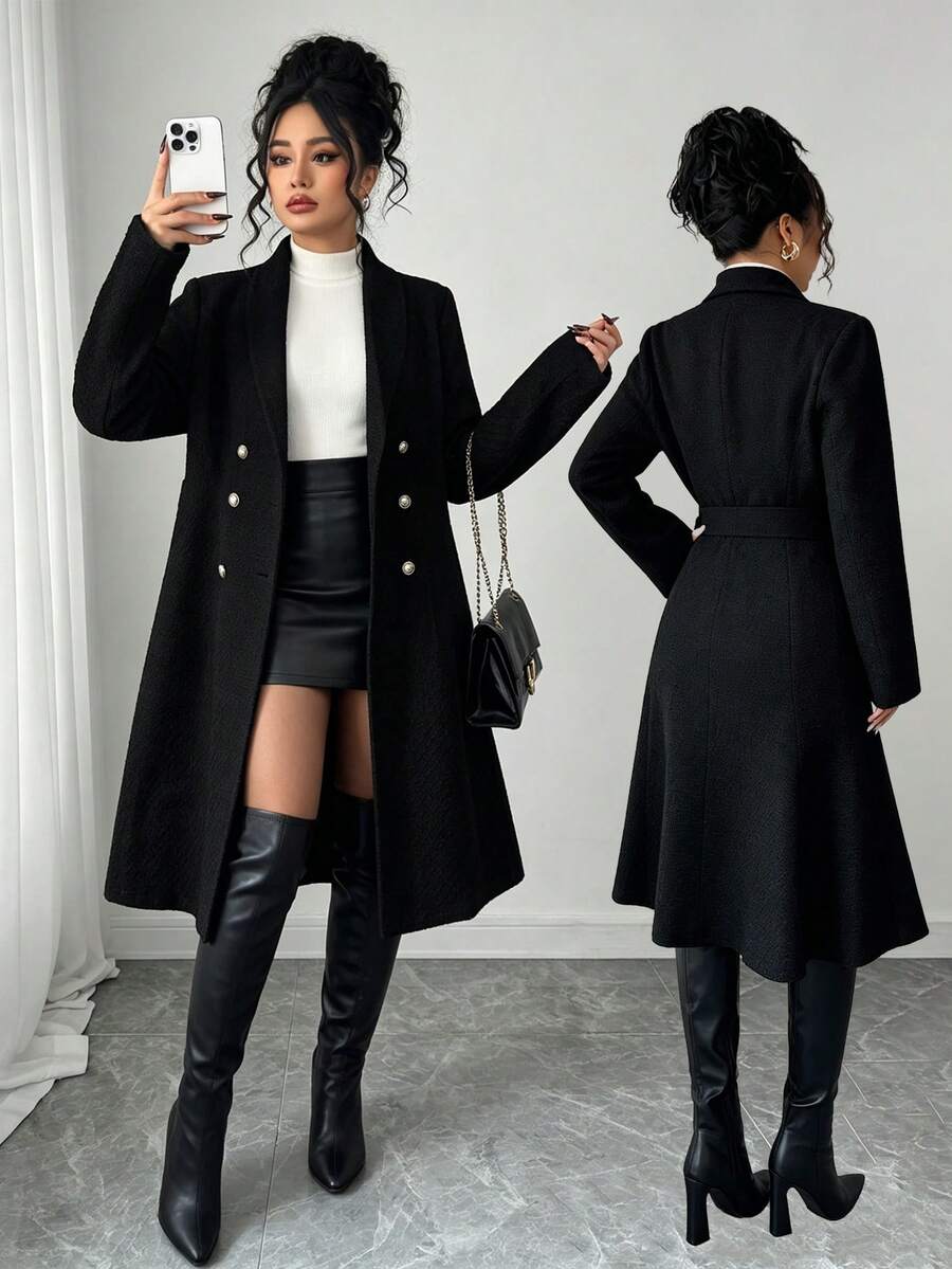 Elenzga Plus Size Women's Solid Color Double-Breasted Long Sleeve Elegant Overcoat - Black - View 1