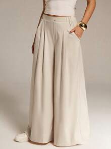 SHEIN Tall Quần/váy lửng xếp ly màu mơ dành cho nữ, kiểu dáng thường ngày, thoải mái, rộng rãi, cơ bản, đa năng, tôn dáng, cạp chun, thích hợp mặc hàng ngày, thích hợp làm quần áo mùa xuân/hè, quần nữ, trang phục mùa hè, quần công sở, kiểu dáng đơn giản, quần culottes ống rộng. - Màu Khaki - Xem 6