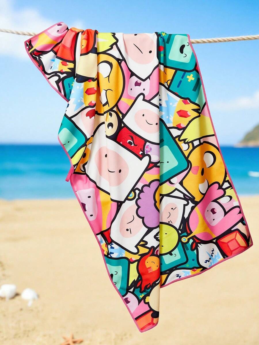ADVENTURE TIME X SHEIN 1件卡通印花浴巾、海灘巾,可用於海灘、游泳巾 - 粉色 - 查看 1