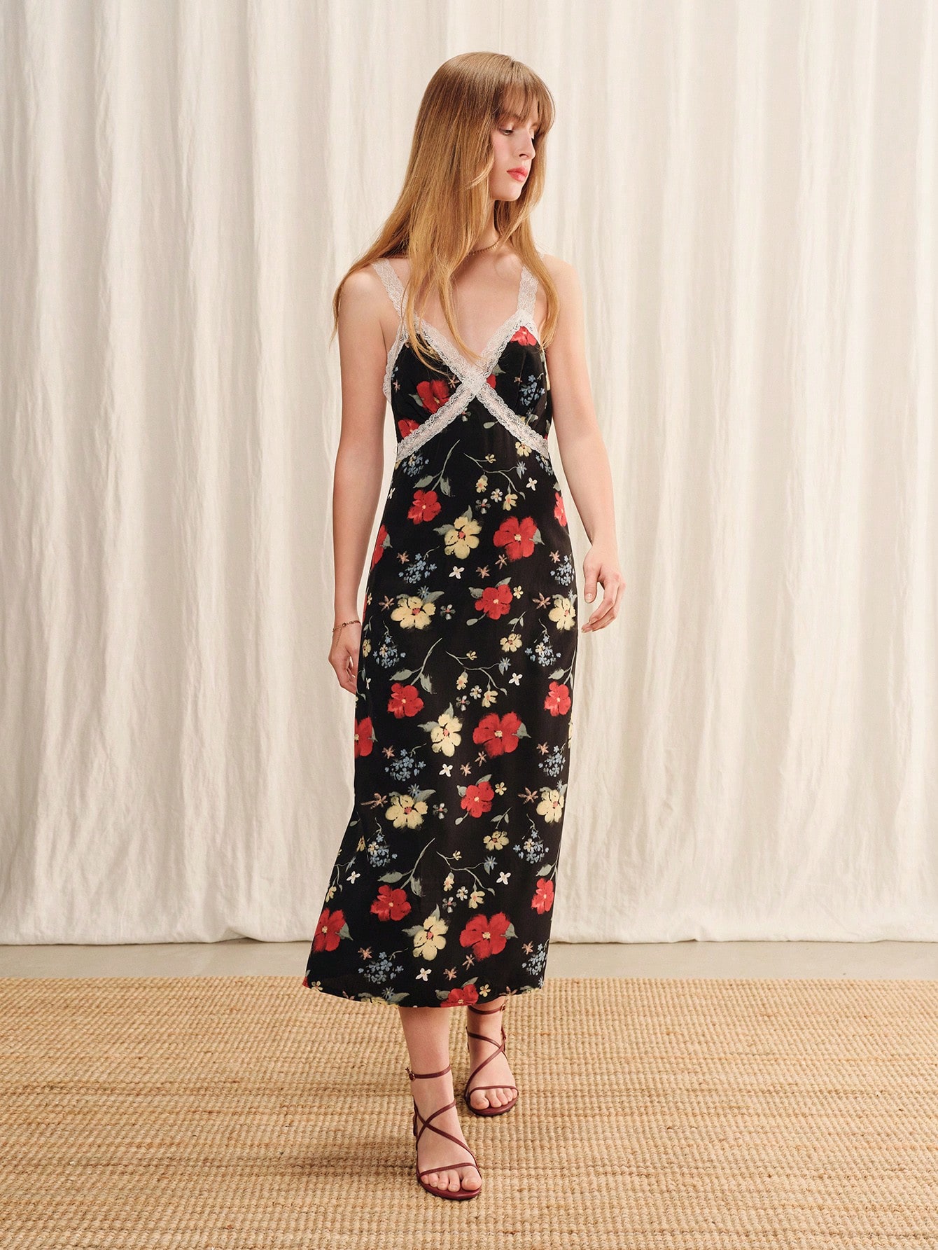 Black Floral Print Midi Dress With White Contrast Lace Neckline And Straps Chic Summer Dress Feminine Casual Holiday Dress French Style Dress