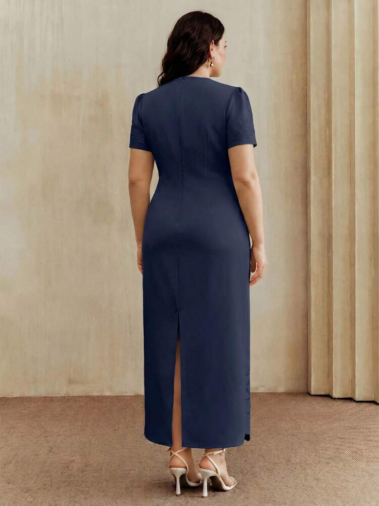 Plus Size Women Navy Blue Hollow Embroidery Pearl Decor Short Sleeve Long Dress,Elegant Wedding Guest Autumn Luxury Party Vacation Dress