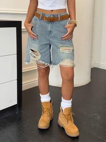 SHEIN Shorts vaqueros desgastados y lavados para adolescentes - Azul lavado medio - Ver 5