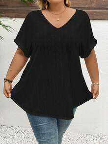SHEIN CURVE+ Áo thun ngắn tay màu trắng dáng rộng phong cách Boho dành cho phụ nữ cỡ lớn, thích hợp mặc đi nghỉ mát nhân Ngày của Mẹ. - màu đen - Xem 11