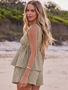 Aralina Women 2pcs Summer Yarn Dyed Stripe Ruffle Detail Top And Short Two Pieces Set Cute Going Out Holiday Outfit Y2K Stockholm Style - Khaki - View 11