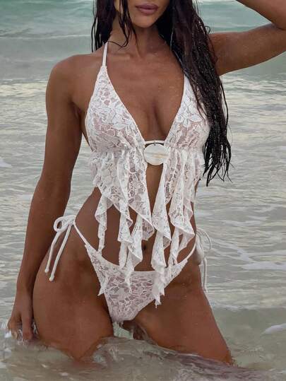 Bonvoyette Conjunto de 2 piezas de tankini con escote halter y bajo asimétrico de encaje para vacaciones de verano en la playa de las mujeres