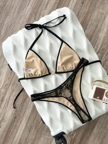 Swim Mod Women's Spring/Summer Jacquard Mesh Halter Metal Decor Bikini Set - Black - View 2