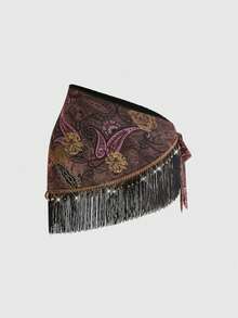 ROMWE Váy nữ cỡ lớn phong cách retro hippie miền Tây, chất liệu xuyên thấu, đính hạt gỗ, viền tua rua, in họa tiết paisley, có dây rút. - Hồng - Xem 1
