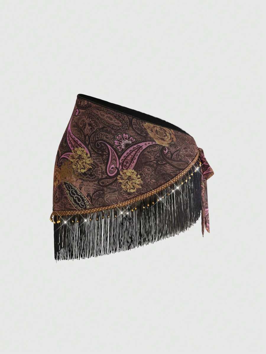 ROMWE Váy nữ cỡ lớn phong cách retro hippie miền Tây, chất liệu xuyên thấu, đính hạt gỗ, viền tua rua, in họa tiết paisley, có dây rút. - Hồng - Xem 1