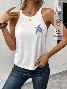 SHEIN LUNE 95% Cotton Women Casual Embroidered Sea Turtle Graphic Tight-Fitting Halter Neck Tank Top, Suitable For Summer - White - View 6