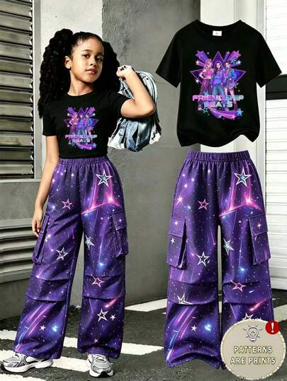 Set de 2 piezas con top de manga corta con estampado degradado de estrellas y letras y pantalones cargo con bolsillo con estampado degradado de estrellas, adecuado para salidas en verano para niñas jóvenes