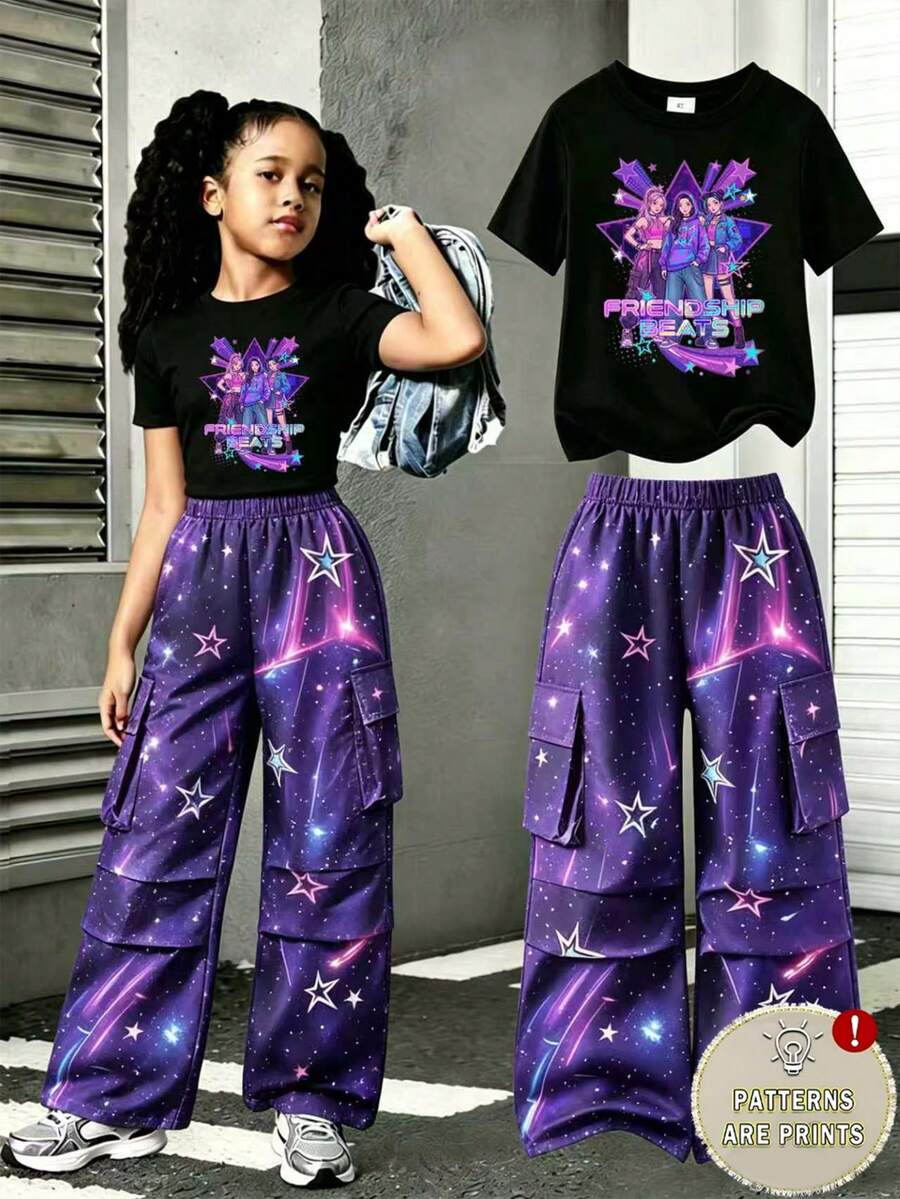 2pcs/Set Young Girls' Fashion Star & Letter Ombre Print Short Sleeve Top And Gradient Pocket Cargo Pants Set, Suitable For Outings In Summer - Multicolor - View 1