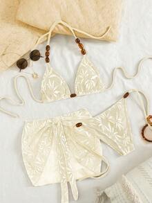 Swim Vcay 3pcs/Set Sexy Beaded Halter Backless Bikini Set With Drawstring Triangle Top And Tie-Up Mini Skirt, Summer Vacation - Apricot - View 1
