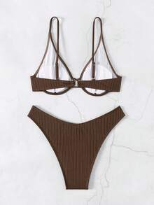 Swim Basics Summer Beach Solid Color Two-Piece Bikini Set Bathing Suit - Coffee Brown - View 3
