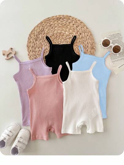 5pcs/Set Baby Girl Casual Solid Color Knit Camisole Romper