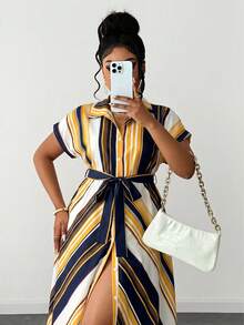 Maweii Plus Size Women Summer Bowknot Decor Pink & White Striped Dress - Royal Blue - View 6