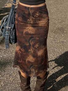 SHEIN EZwear 女士佩斯利扎染印花荷叶边下摆波西米亚风沙滩度假半身裙，适合春、夏、秋季穿着。 - 咖啡棕 - 查看 1