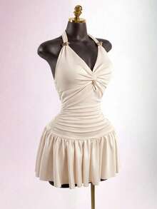 SHEIN SaltGleam Đầm nữ mùa hè mới, kiểu dáng tối giản, đa năng, phù hợp cho đi biển, tắm nắng và các dịp khác, phong cách đường phố thanh lịch. - Màu be - Xem 1