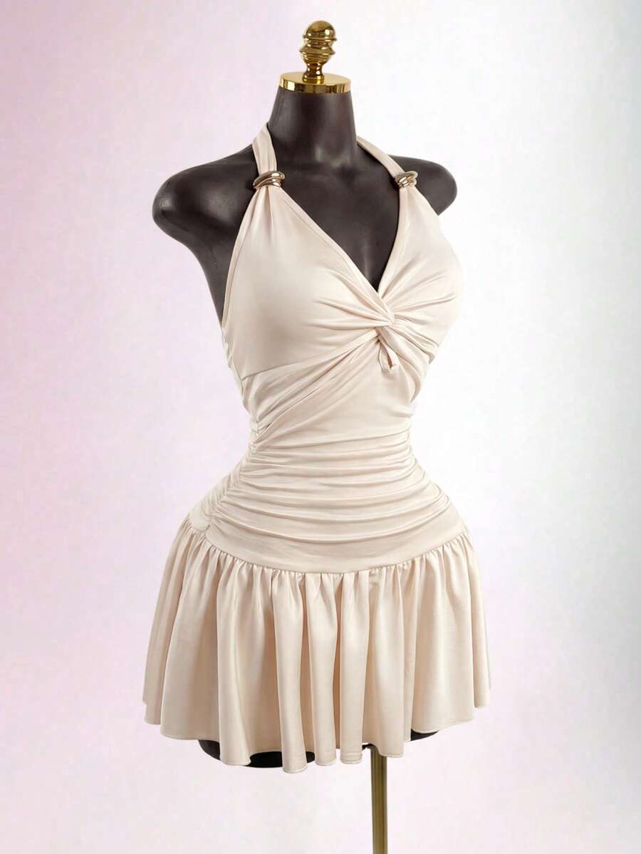 SHEIN SaltGleam Đầm nữ mùa hè mới, kiểu dáng tối giản, đa năng, phù hợp cho đi biển, tắm nắng và các dịp khác, phong cách đường phố thanh lịch. - Màu be - Xem 1