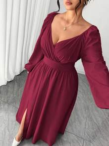 Elenzga Plus Size Burgundy Winter Elegant Formal Wedding Red Christmas Ruched Criss-Cross Neck A-Line Off-Shoulder Wrap Dress,Valentine's Day Prom Date Party - Burgundy - View 3