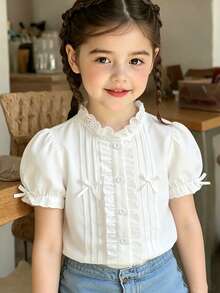 SHEIN Elladie kids 年轻女孩简约优雅荷叶边领蕾丝蝴蝶结装饰衬衫，法式风格派对服饰 - 白色 - 查看 7