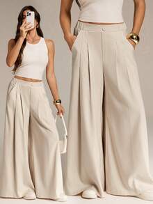 SHEIN Tall Quần/váy lửng xếp ly màu mơ dành cho nữ, kiểu dáng thường ngày, thoải mái, rộng rãi, cơ bản, đa năng, tôn dáng, cạp chun, thích hợp mặc hàng ngày, thích hợp làm quần áo mùa xuân/hè, quần nữ, trang phục mùa hè, quần công sở, kiểu dáng đơn giản, quần culottes ống rộng. - Màu Khaki - Xem 7