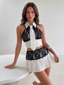 Modelyn Bộ đồ 2 món dành cho nữ: áo hai dây ren chấm bi và chân váy ngắn. - trắng - Xem 3