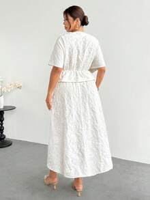 Firerie Plus Size Solid V-Neck Short Sleeve Top And Skirt 2-Piece Set, Elegant White Two Piece For Women Wedding Vacation Bride Guest Brunch Party Summer - Apricot - View 4