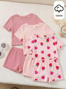 SHEIN 3pcs/Set Baby Girl Cute Strawberry Pattern Striped Casual Round Neck T-Shirts - Multicolor - View 1