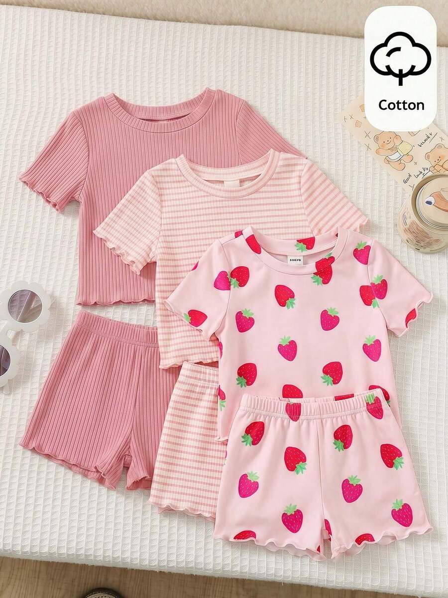 SHEIN 3pcs/Set Baby Girl Cute Strawberry Pattern Striped Casual Round Neck T-Shirts - Multicolor - View 1