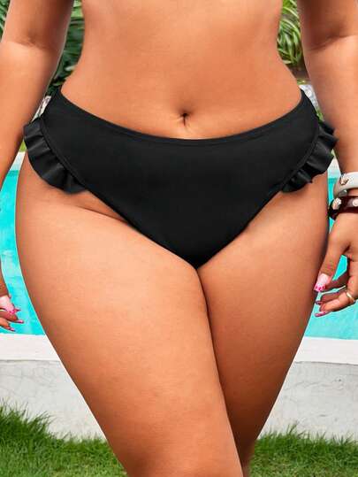 SHEIN VCAY Quần bikini cỡ lớn dành cho nữ, kiểu dáng tối giản, màu trơn, có viền bèo, thích hợp cho kỳ nghỉ hè ở bãi biển.
